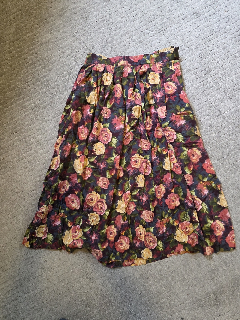 Evan Picone Dark Floral Midi Skirt with Pink & Yellow Roses